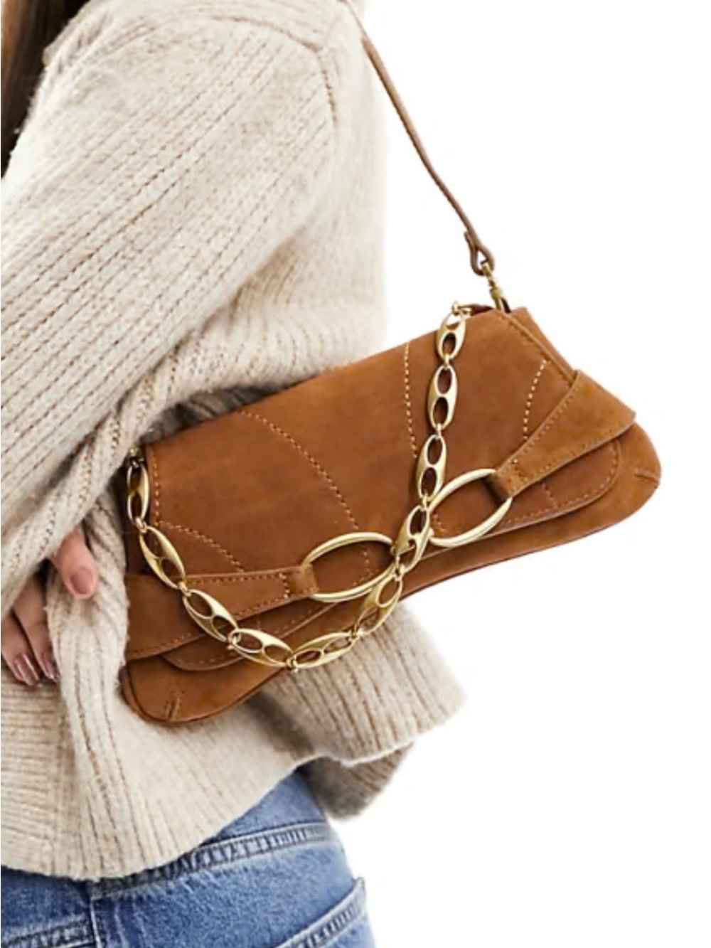 Mango Brown Suede Shoulder Bag | Y2K Chain Baguette Purse